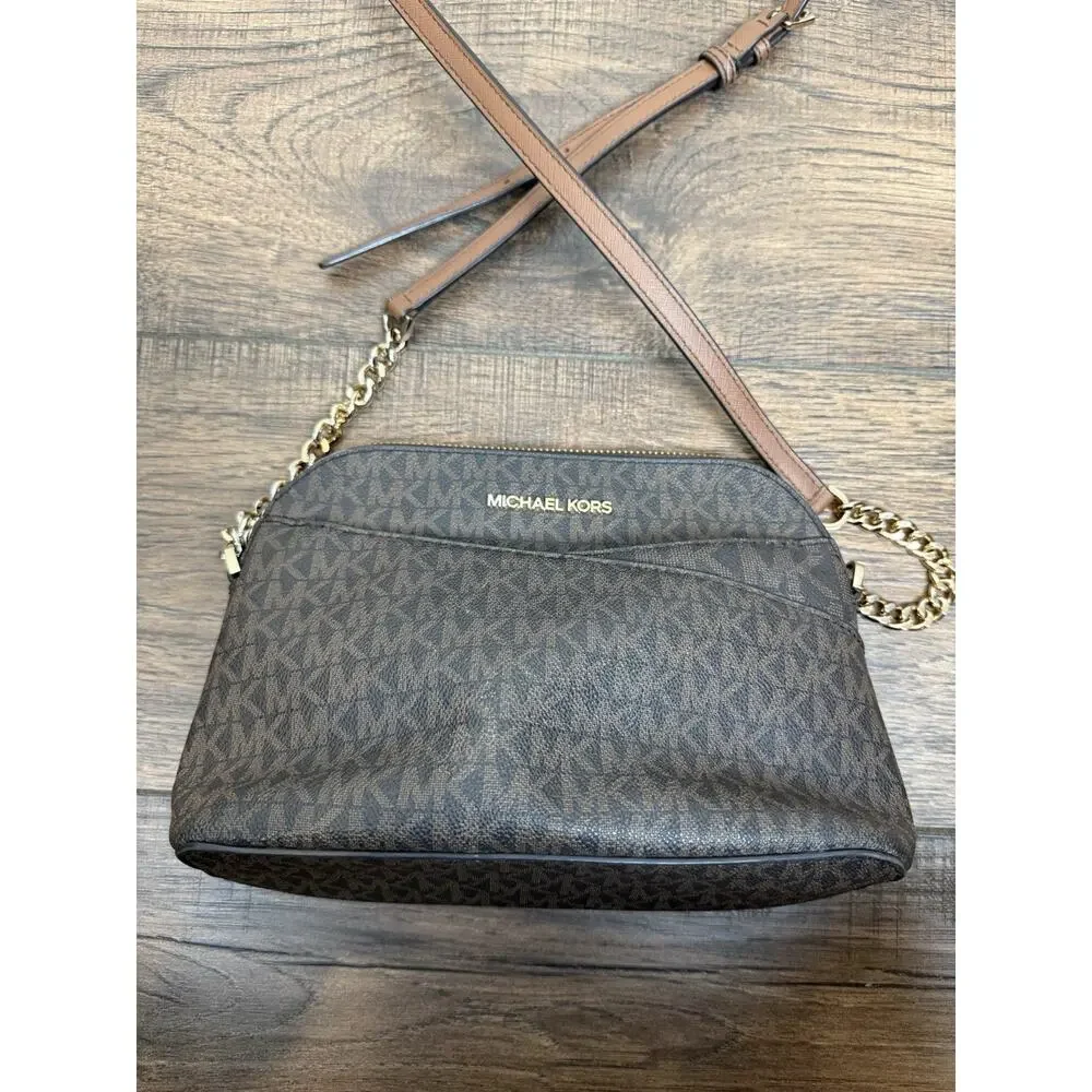 Michael Kors Jet Set Travel Medium Dome Crossbody Brown Signature MK Bag